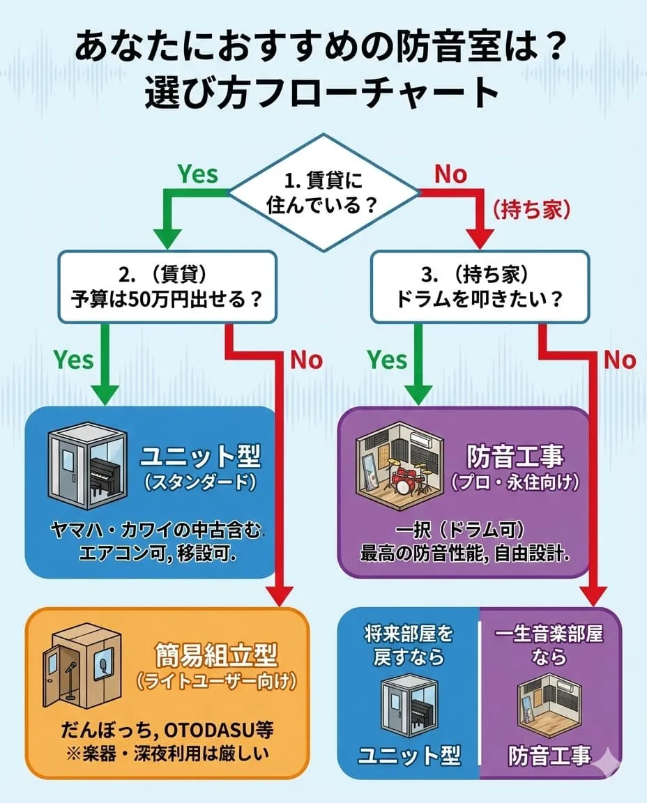 防音室の選び方フローチャート図｜賃貸か持ち家か、楽器の種類で最適なタイプ（簡易・ユニット・工事）が分かる判定図