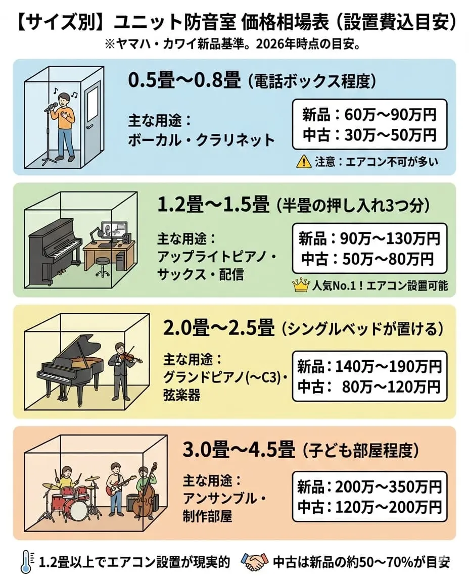 Budget-based soundproof room selection chart: Under $5,000 is used/simple, $10,000 is new 1.2 tatami, $20,000 is grand piano compatible