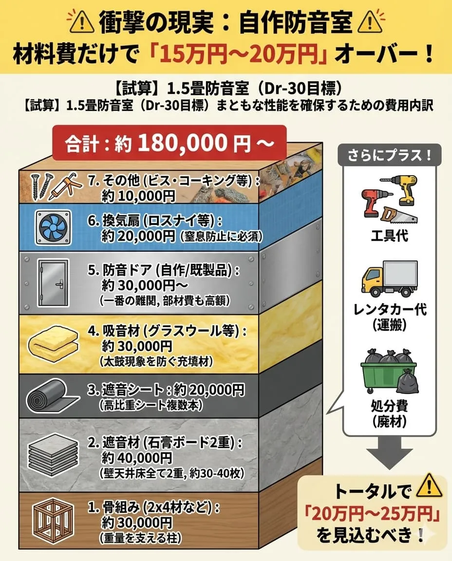 DIY soundproof room cost breakdown chart | How much does it cost in material costs alone?