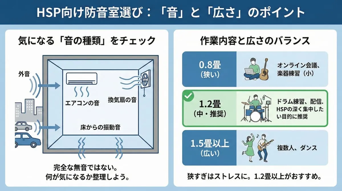 HSP向け防音室の効果まとめインフォグラフ（静寂・睡眠改善・集中力アップのイメージイラスト）