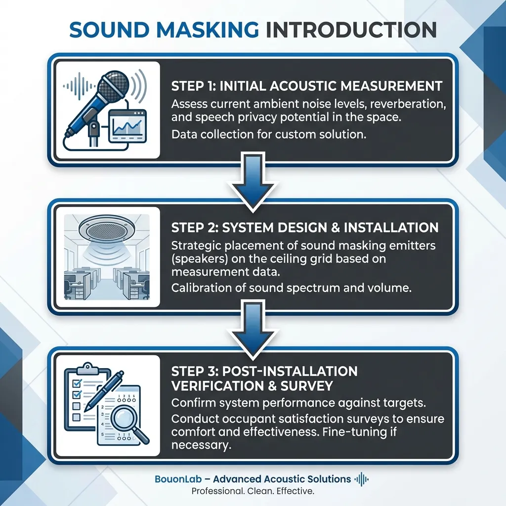 A 3-step checklist for introducing sound masking: 1. Measurement (Frequency and leakage level), 2. Installation locations (Front of meeting room doors, ceiling), 3. Testing (Check for discomfort). Flowchart style with arrows connecting the steps.
