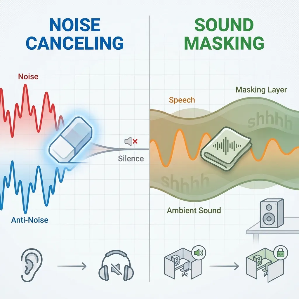 Visual comparison between Noise Canceling and Sound Masking. Left side: Noise Canceling showing sound waves cancelling each other (erasing). Right side: Sound Masking showing a background sound layer covering the speech waves (hiding). Infographic style, clean, widely spaced.