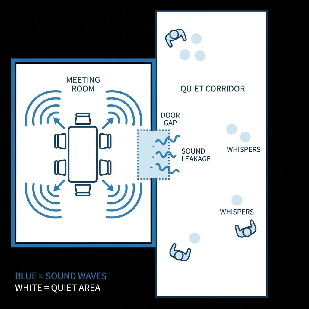 Visual summary of office sound leak risks and sound masking. An illustration showing "information waves" leaking through gaps even with thick walls, being enveloped and made unclear by a layer of masking sound.
