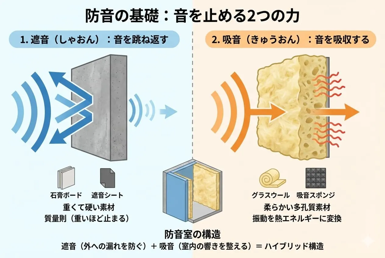 Difference between Sound Insulation and Sound Absorption | Image diagram of sound insulation materials that bounce back sound and sound-absorbing materials that absorb sound