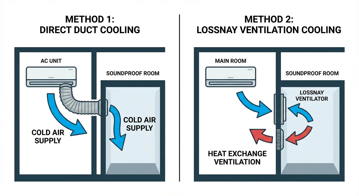 Smart Air Conditioning Design Infographic for Small Soundproof Rooms (Duct Method and Lossnay Intake Method)