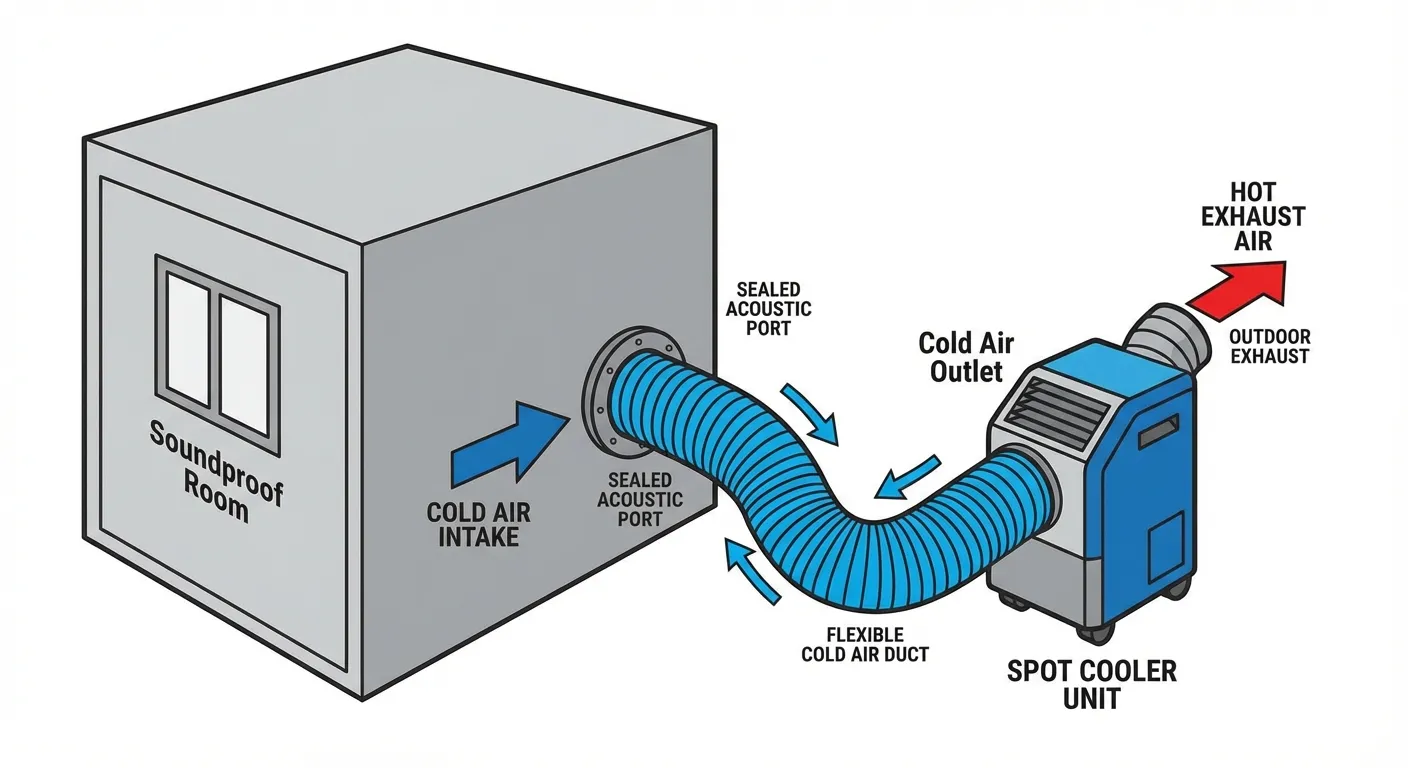 Infographic on Spot Cooler Setup for Soundproof Rooms (Cold Air Intake and Heat Exhaust)
