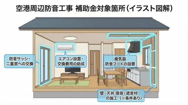空港周辺防音工事の補助金対象箇所を示す一軒家の断面イラスト図解。青くハイライトされた箇所として、「防音サッシ・二重窓への交換」、「エアコン設置・交換費用の助成」、「換気扇 防音フードの設置」、そして壁の内側と天井裏の「壁・天井 吸音・遮音材の施工（※条件あり）」がそれぞれラベル付きで示されている。