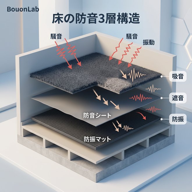 床の防音3層レイヤー構造