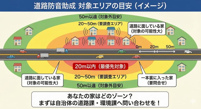高速道路・幹線道路沿いの防音補助金対象エリア図（例）
