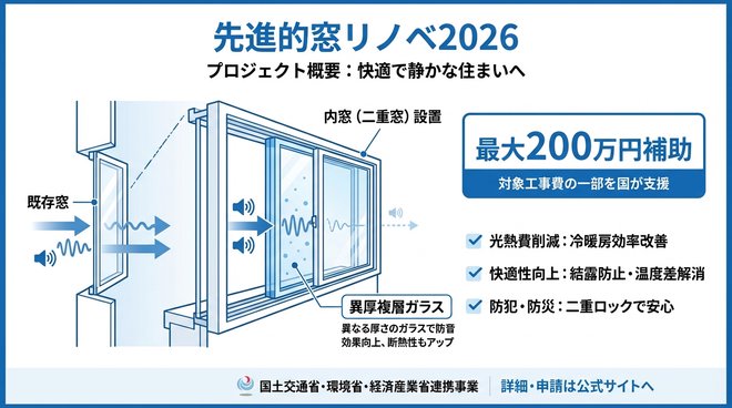 先進的窓リノベ2026事業の概要。最大200万円の補助金と、異厚複層ガラスによる防音効果の仕組みを解説したインフォグラフィック。