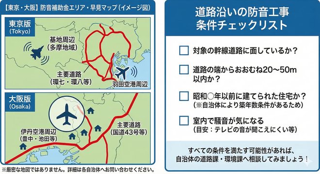 空港周辺の防音助成エリア解説図（例・イメージ）